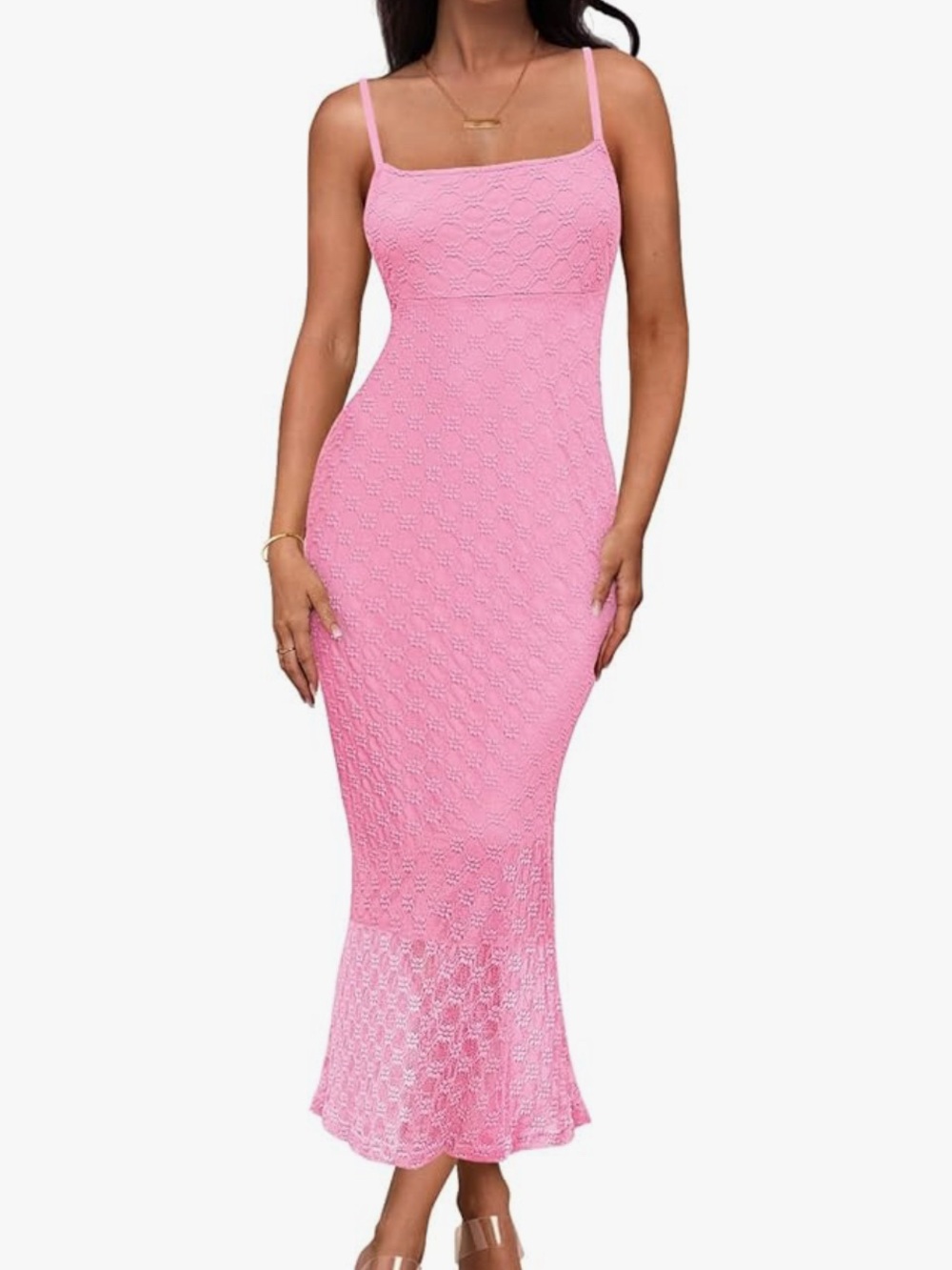 Pink Lace Midi Bodycon Dress with Spaghetti Straps